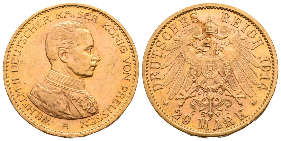 PEUS 5282 Kaiserreich - Preußen 7,16 g Feingold. Kaiser in Kürassieruniform 20 Mark GOLD 1914 A Kl. Kratzer, Vorzüglich