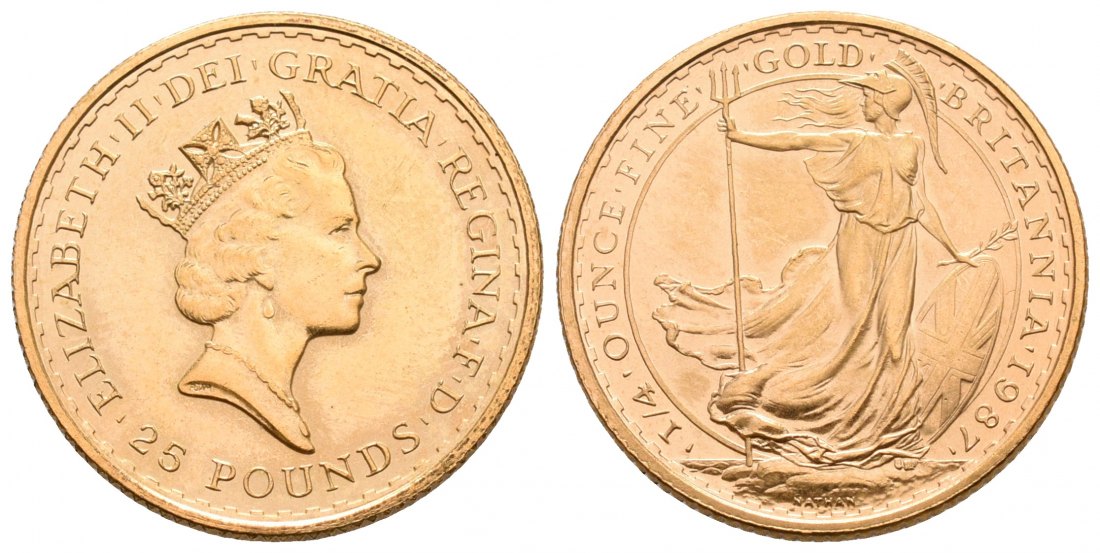 PEUS 5285 Grossbritannien 7,8 g Feingold. Britannia 25 Pounds GOLD 1/4 Unze 1987 Kl. Kratzer, fast Stempelglanz