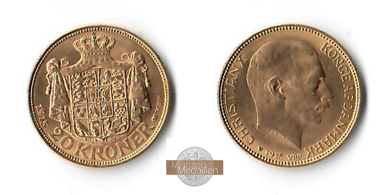 Dänemark  20 Kroner MM-Frankfurt Feingold: 8,06g Christian X (1912-1947) 1915 