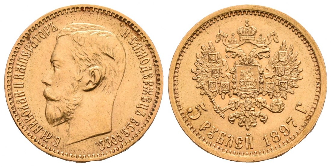 PEUS 5287 Russland 3,87 g Feingold. Zar Nikolaus II. (1894 - 1917) 5 Rubel GOLD 1897 АГ Fast Vorzüglich