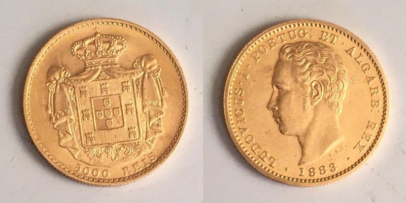 Portugal  5000 Reis MM-Frankfurt Feingold: 8,13g Luís I 1883 
