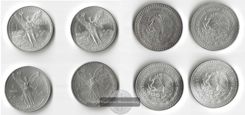  Mexico, Libertad 4 x 1 Onza Plata Pura  1990 - 1993  FM-Frankfurt  Feingewicht: 124,4 g Silber   