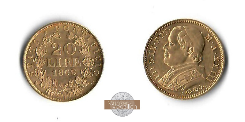  Vatikan  20 Lire 1869  MM-Frankfurt Feingold: 5,81g   