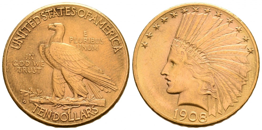 PEUS 5306 USA 15,05 Feingold. Indian Head 10 Dollars GOLD 1908 D Kl. Kratzer, fast Vorzüglich