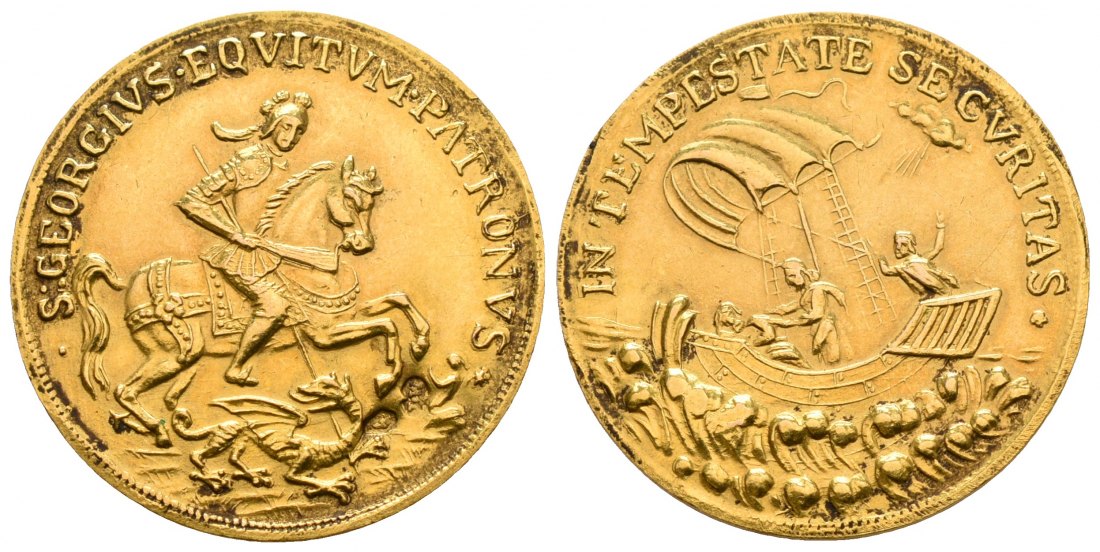 PEUS 5290 Habsburg, Kremnitz 24,5 mm / 3,8 g rau. Drachentöter St. Georg / Schif Goldmedaille o.J. Sehr schön