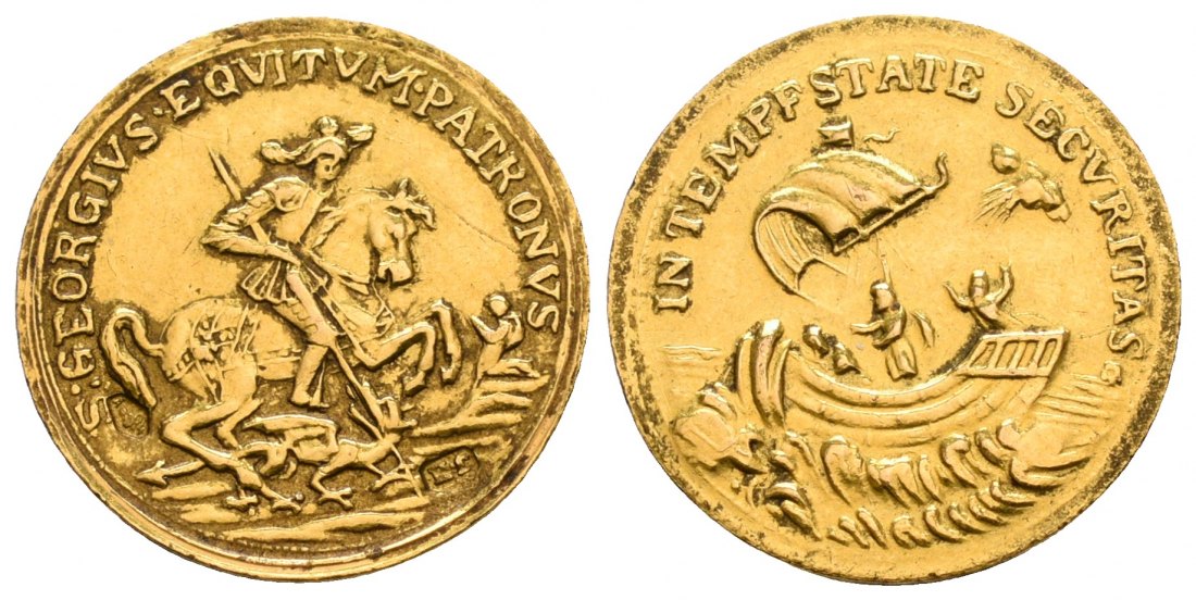 PEUS 5309 Habsburg, Kremnitz 18 mm / 1,73 g rau. Drachentöter St. Georg / Schif Goldmedaille o.J. Sehr schön