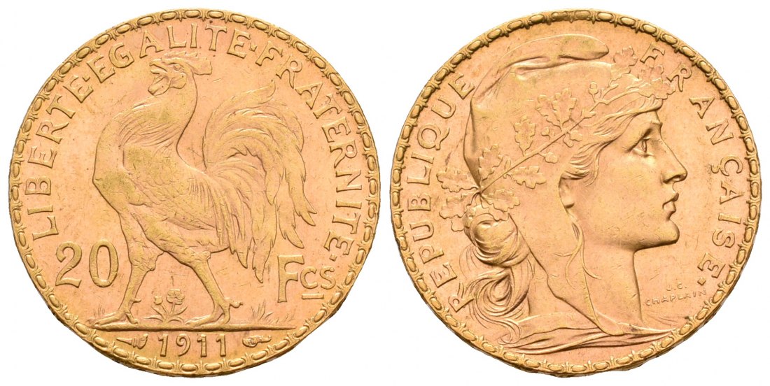 PEUS 5314 Frankreich 5,81 g Feingold. Marianne 20 Francs GOLD 1911 Kl. Kratzer, fast Vorzüglich