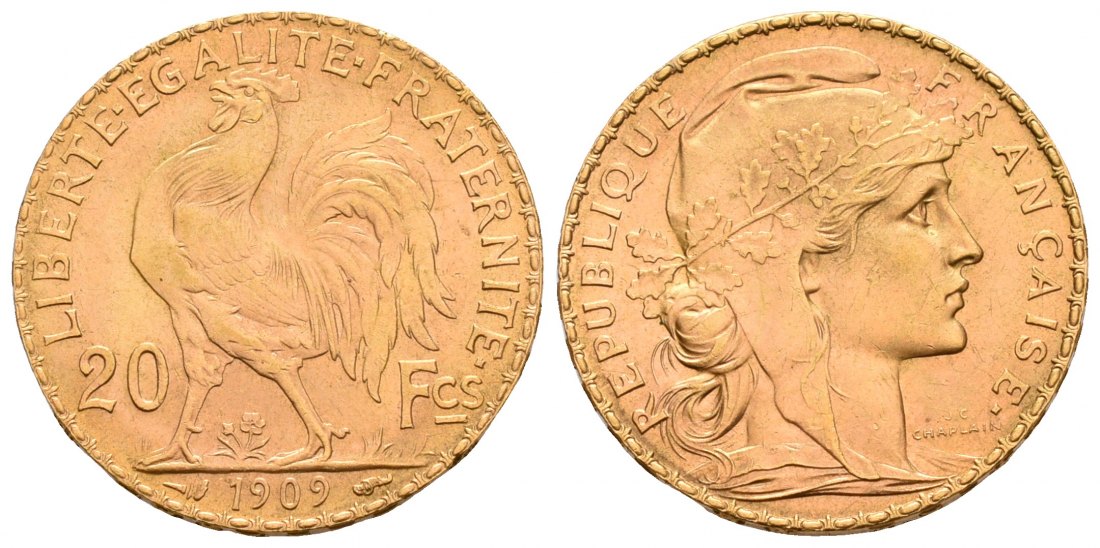 PEUS 5315 Frankreich 5,81 g Feingold. Marianne 20 Francs GOLD 1909 Kl. Kratzer, fast Vorzüglich