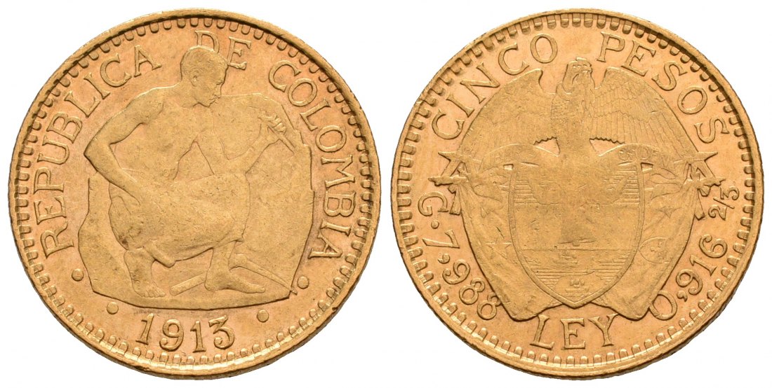 PEUS 5320 Kolumbien 7,32 g Feingold. Steinmetz. Nur 17.000 Exemplare. 5 Pesos GOLD 1913 Sehr schön