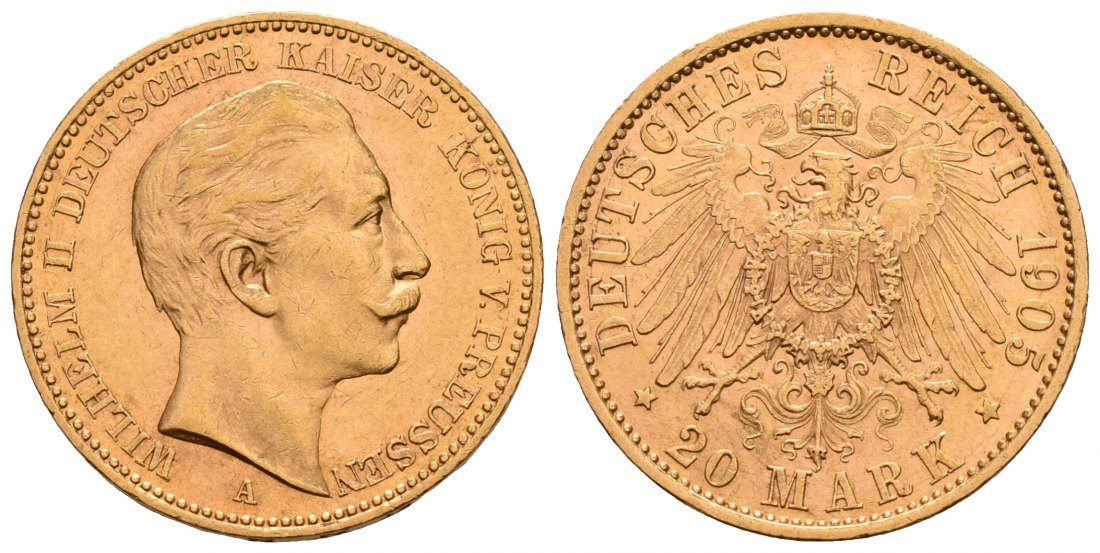 PEUS 5321 Kaiserreich - Preußen 7,16 g Feingold. Wilhelm II. 20 Mark GOLD 1905 A Kl. Kratzer, fast Vorzüglich