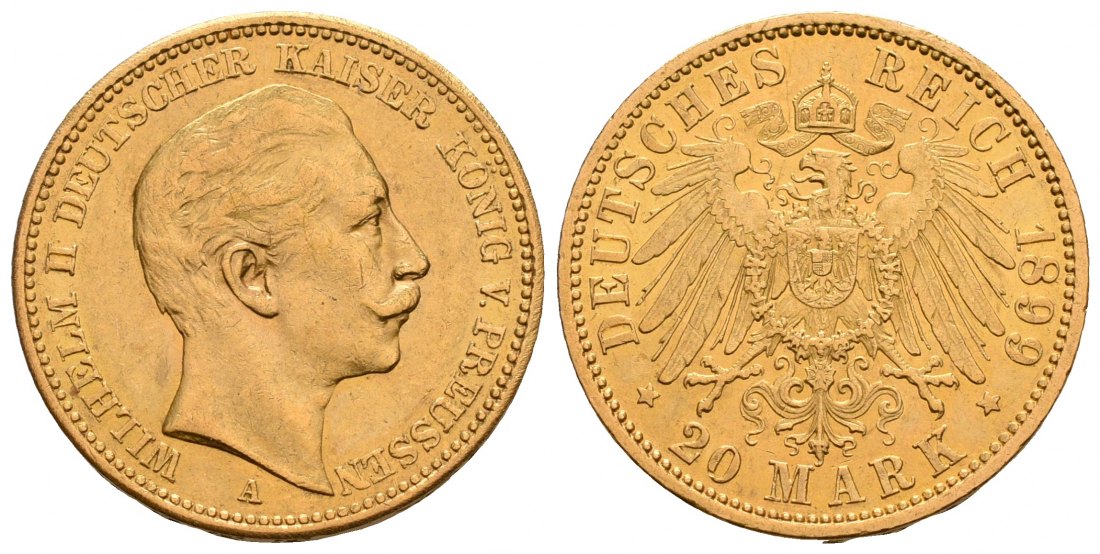 PEUS 5322 Kaiserreich - Preußen 7,16 g Feingold. Wilhelm II.(1888 - 1918) 20 Mark GOLD 1899 A Kl. Kratzer, fast Vorzüglich