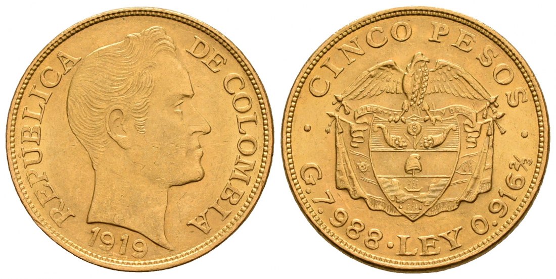 PEUS 5326 Kolumbien 7,32 g Feingold 5 Pesos GOLD 1919 Kl. Kratzer, fast Vorzüglich