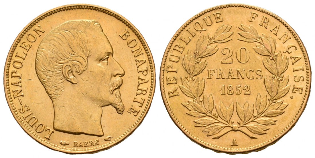 PEUS 5328 Frankreich 5,81 g Feingold. Louis Napoleon (1848 - 1852) 20 Francs GOLD 1852 A Kl. Kratzer, fast Vorzüglich