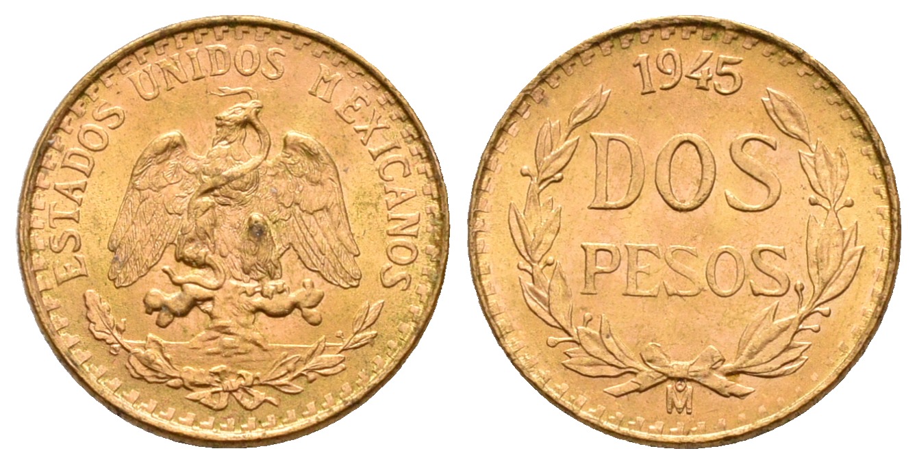 PEUS 5333 Mexiko 1,5 g Feingold 2 Pesos GOLD 1945 M Kl. Kratzer, fast Stempelglanz