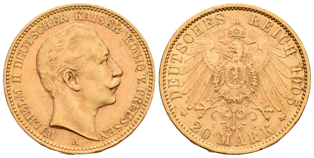 PEUS 5337 Kaiserreich - Preußen 7,16 g Feingold. Wilhelm II. 20 Mark GOLD 1905 A Kl. Randfehler, fast Vorzüglich