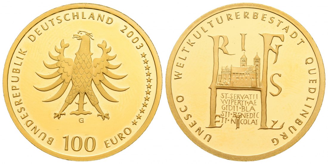 PEUS 5347 BRD 15,55 g Feingold. Quedlinburg mit Zertifikat OHNE Etui 100 Euro GOLD 2003 G Karlsruhe Proof (Kapsel)