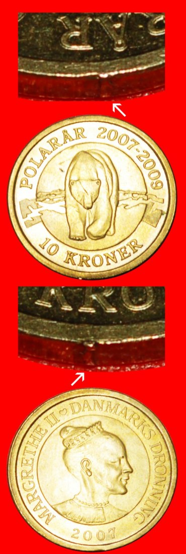  • 2 REEDS★UNCOMMON: DENMARK★ 10 KRONER 2007 POLAR BEAR MINT LUSTER! LOW START ★ NO RESERVE!   