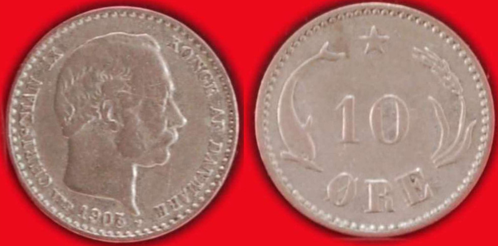  Ⰶ 2 verkauft SILBER★ DÄNEMARK★ 10 OERE 1905 DELFIN Christian IX. (1863-1906)! OHNE VORBEHALT!   