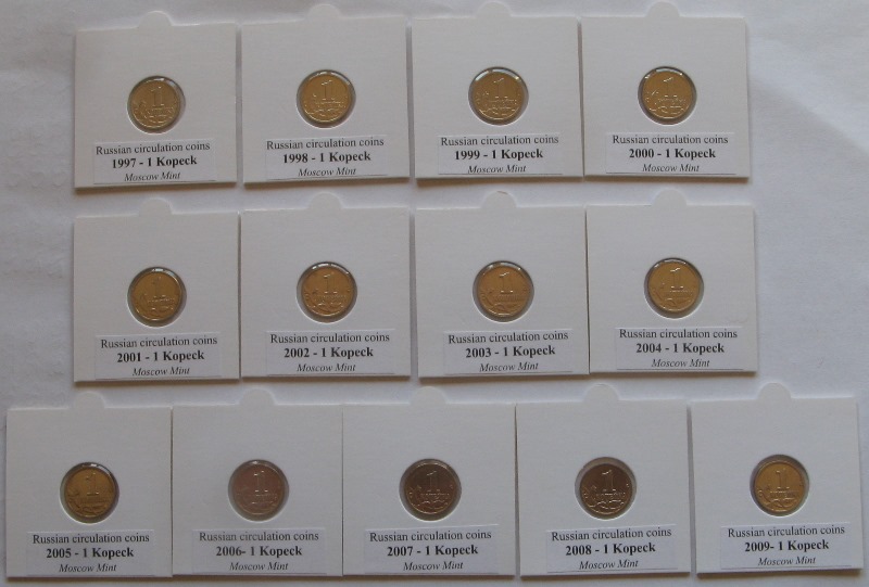  1997-2009 ,Russia, 1 Kopeck, 13 pcs, full issue series, Moscow Mint   