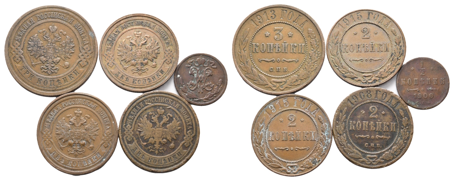  Russland; 5 Kleinmünzen 1913/1915/1908/1900   