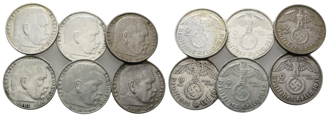  Drittes Reich, 2 Reichsmark, 6 Münzen 1937/1938/1939   