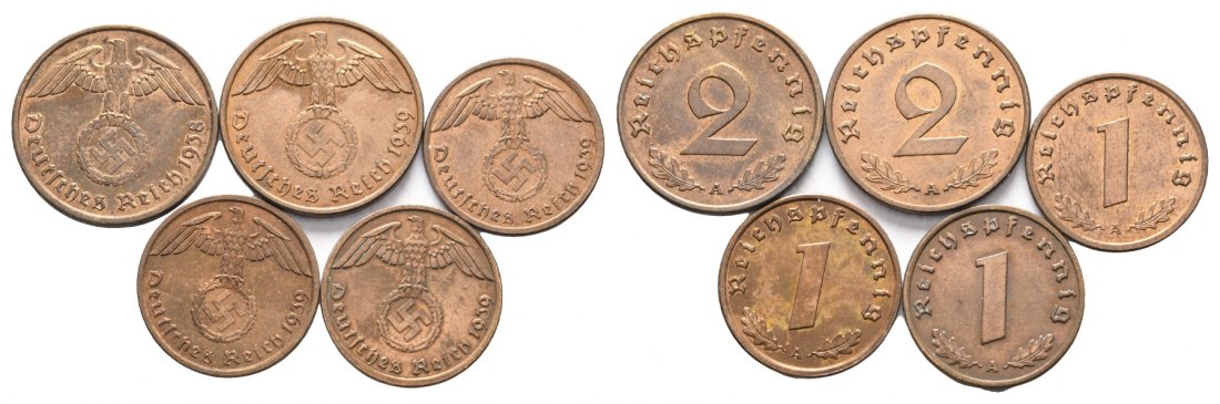  Drittes Reich, 2 Pfenning 1938/1939 - 1 Pfennig 1939, 5 Kleinmünzen   