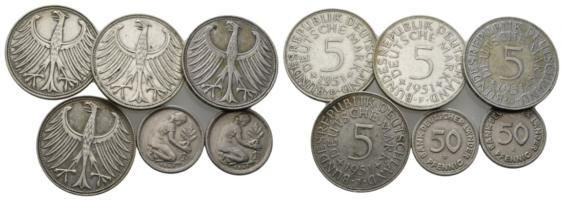  BRD, 5 Mark 1951 - 50 Pfennig 1949, 6 Kleinmünzen   