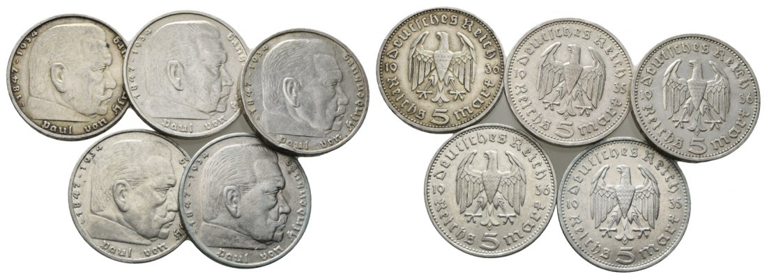  Drittes Reich, 5 Reichsmark 1935/1936, 5 Kleinmünzen   