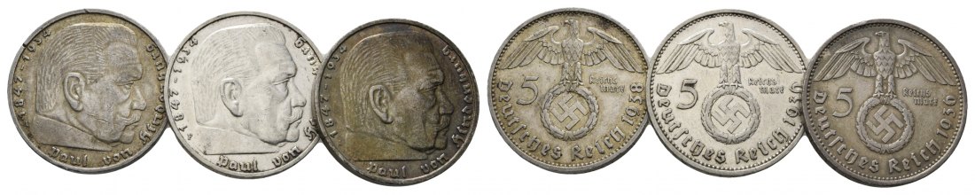  Drittes Reich, 5 Reichsmark 1938/1936, 3 Kleinmünzen   