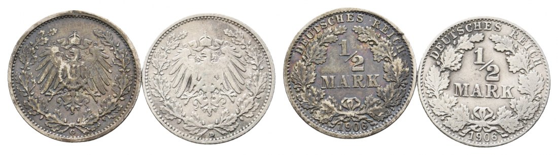  Kaiserreich, 1/2 Mark 1906, 2 Kleinmünzen   
