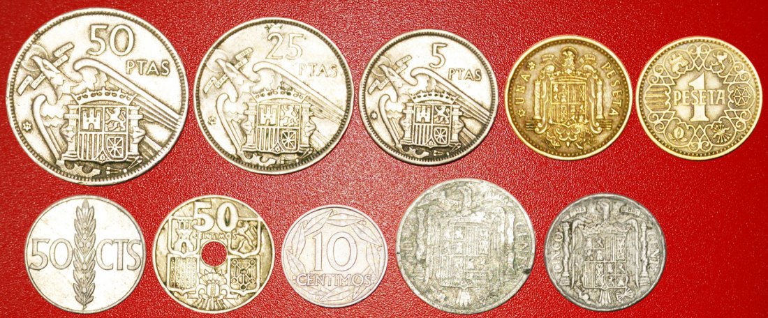 • GENERALISSIMUS FRANCO (1936-1975): SPANIEN ★ REIHE 10 MÜNZEN! OHNE VORBEHALT!