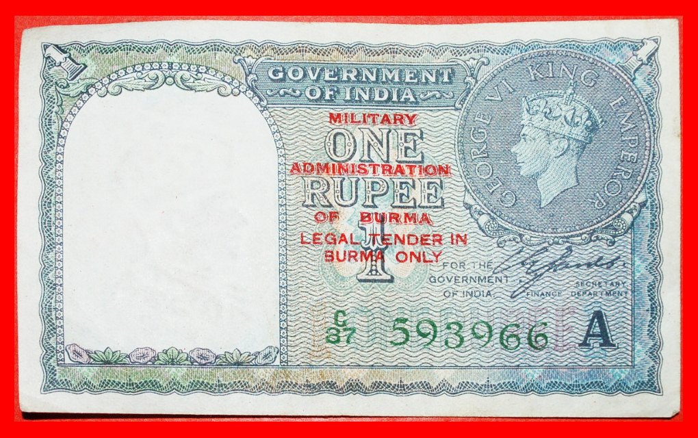  * WITHOUT PIN HOLES:BURMA★1 RUPEE 1940 (1945) MILITARY ADMINISTRATION! UNCOMMON★LOW START★NO RESERVE   