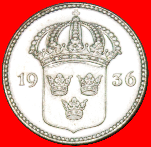  • 3 CROWNS: SWEDEN ★ 10 ORE 1936 UNC SILVER! Gustav V (1907-1950) LOW START★ NO RESERVE!   