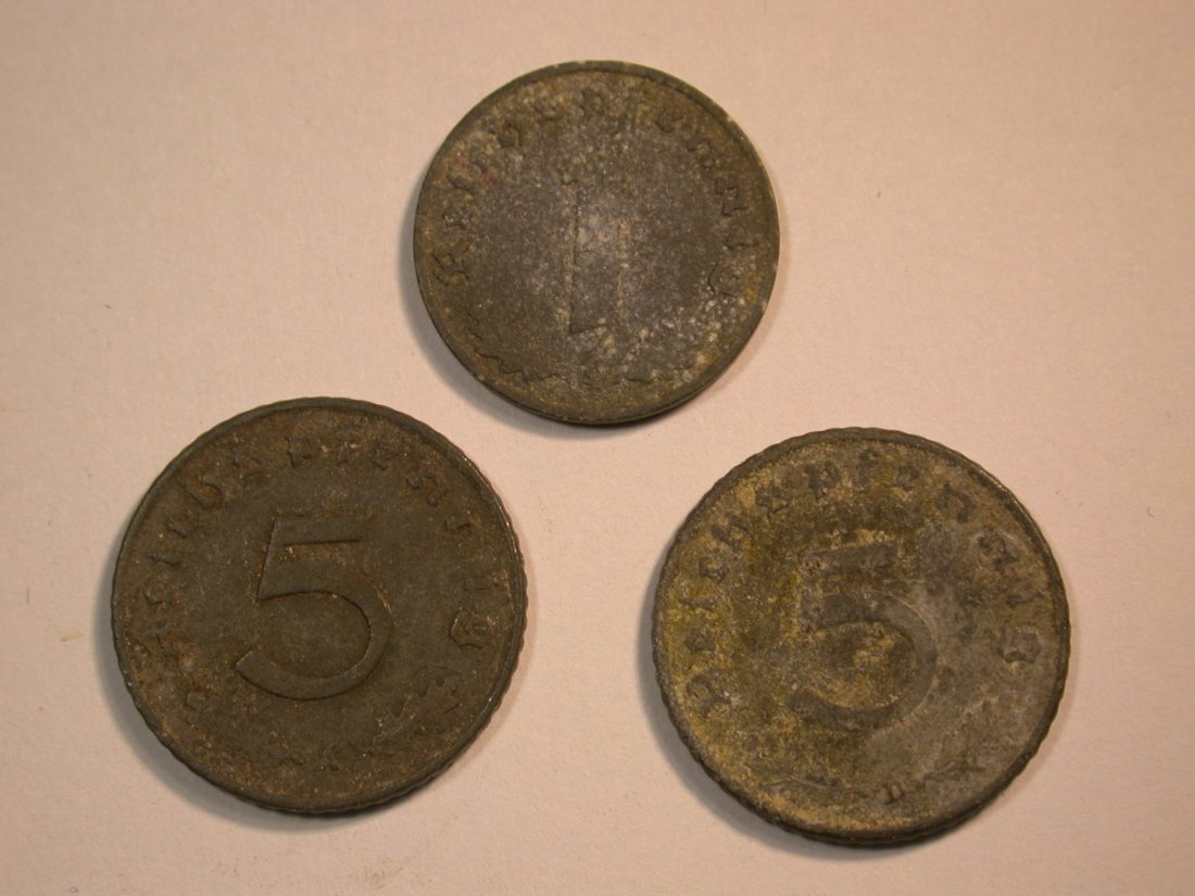 F10 3.Reich 5 Pfennig 1940 A,D und 1 Pfennig 1942 A in s-ss Originalbilder