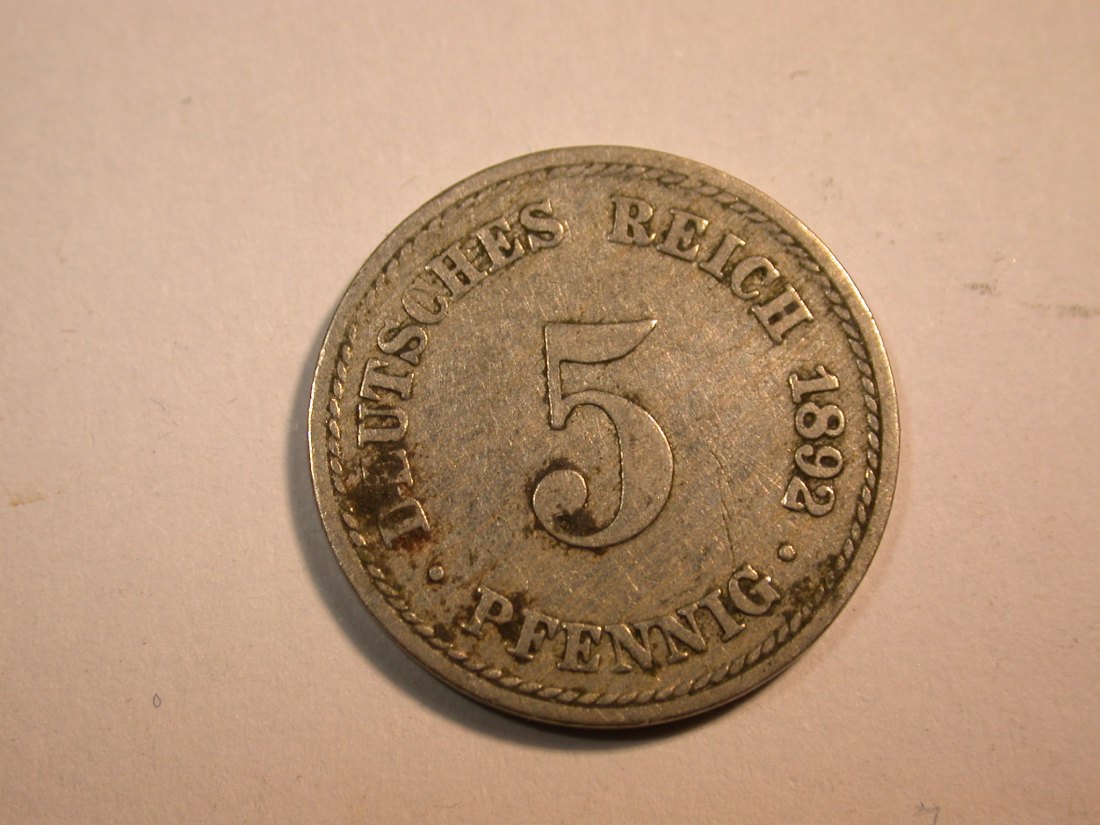  F10  KR  5 Pfennig 1892 A in ss  Originalbilder   