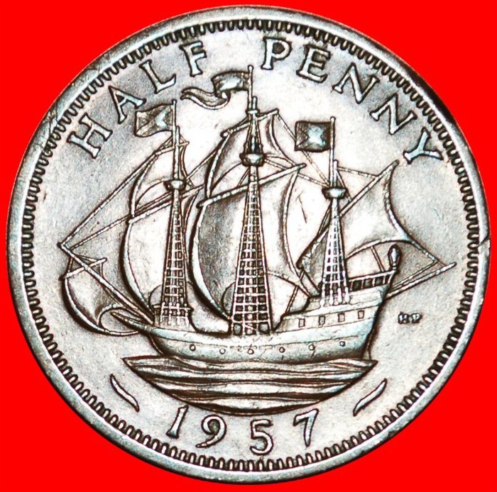 *SHIP 1937-1970:GREAT BRITAIN★1/2 PENNY 1957 CALM SEA★RARE★ELIZABETH II 1953-★LOW START★ NO RESERVE!