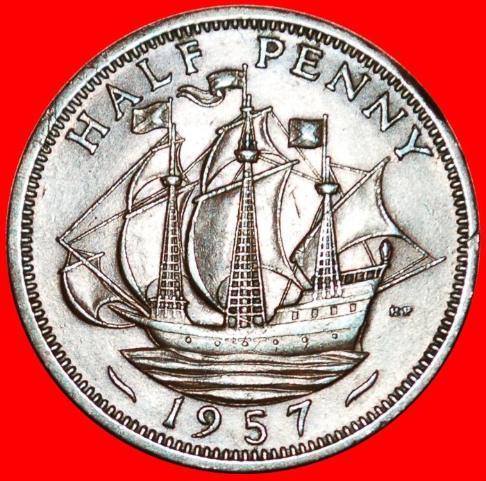  • SHIP: UNITED KINGDOM★ HALF PENNY 1957! INTERESTING TYPE! CALM SEA! LOW START ★ NO RESERVE!   