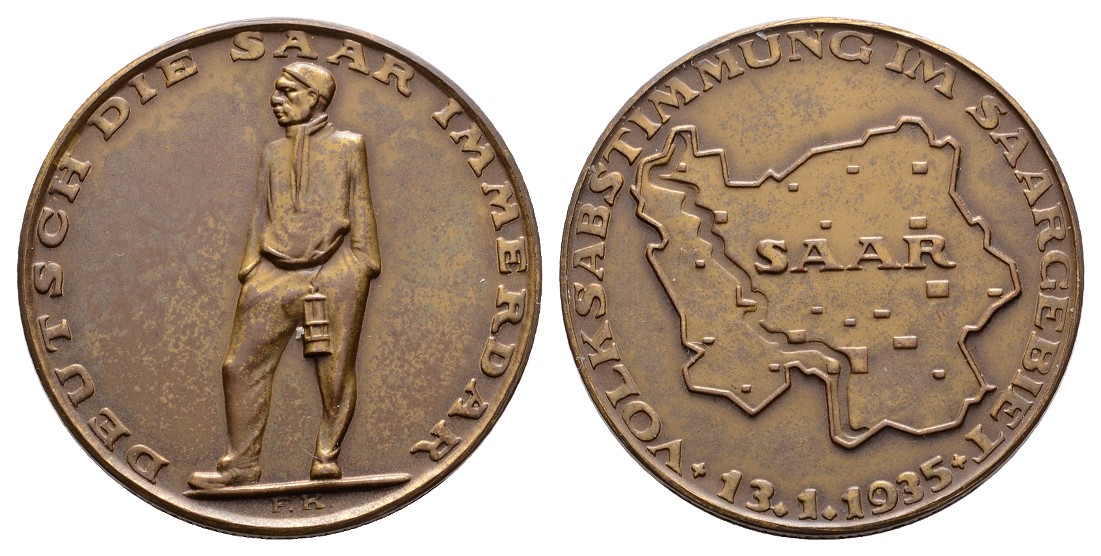  Linnartz Deutschland Bronzemed. 1935(F.Kolbe)Volksabstimmung im Saargebiet, 21,63g, 36mm, vz   