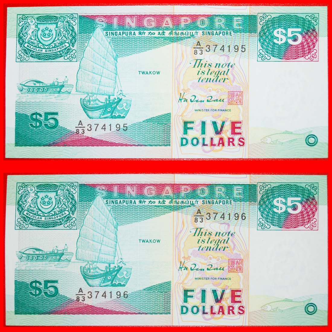  • SHIPS: SINGAPORE ★ 5 DOLLARS (1997)! UNC CRISP! 2 SEQUENCE NUMBERS! LOW START ★ NO RESERVE!   