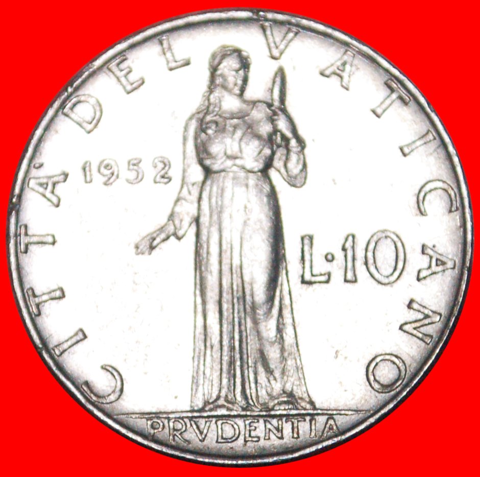 • GODDESS PRUDENTIA: VATICAN ★ 10 LIRE 1952! Pius XII (1939-1958)! LOW START ★ NO RESERVE!