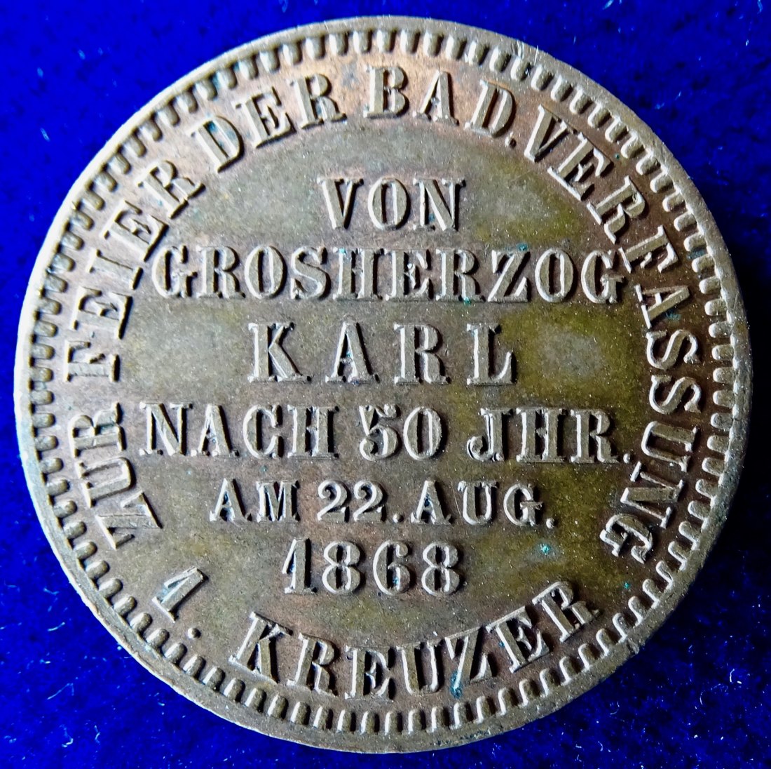  Baden (Großherzogtum), 1 Kreuzer 1868.  Gedenkkreuzer zur Verfassungsfeier.   
