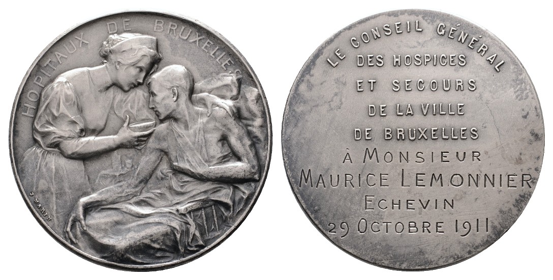  Linnartz Medicina in nummis Silbermed.1911,(J.Marin), Krankenpflege in Brüssel, 38 mm, 16,13g, vz   