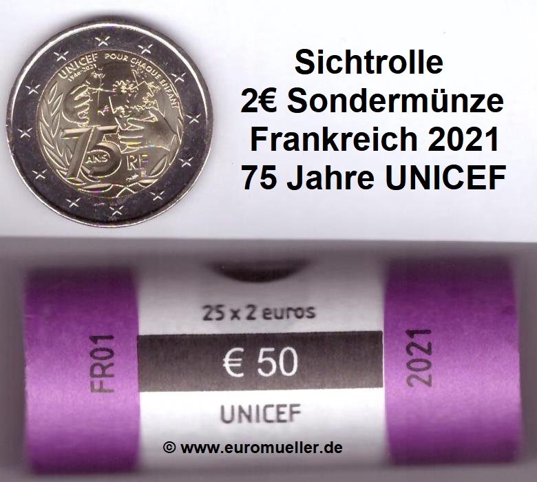 Frankreich Rolle...2 Euro Gedenkmünze 2021...UNICEF   