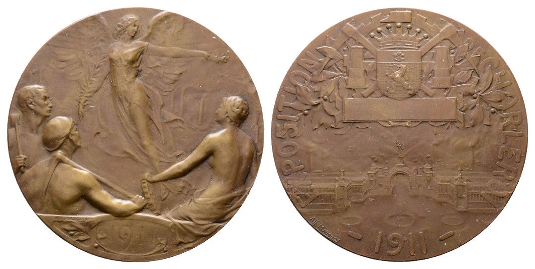  Linnartz JUGENDSTIL Charleroi, Bronzemed.1911 (Maugnuoy), Bergbauausstellung, 84,9gr., 60mm, v-st   