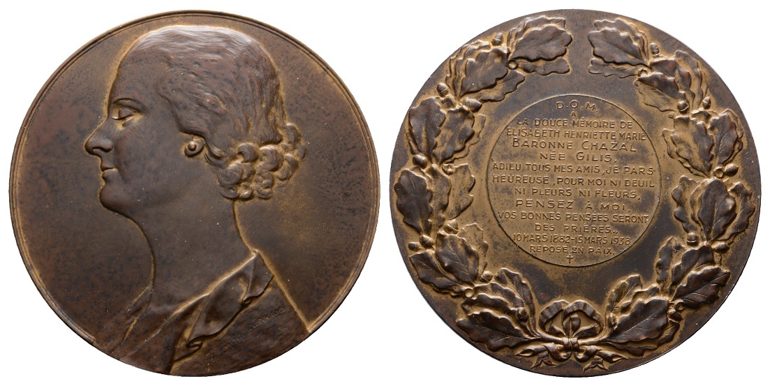 Linnartz FRAUEN Große Bronzemed. 1938 (van Dionant) Baronin Chazal,69,9mm, 145,3g, vz+   