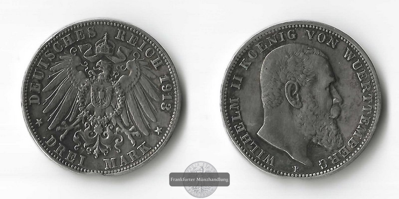  Würtemberg, Kaiserreich  3 Mark  1913 F Wilhelm II.  FM-Frankfurt Feinsilber: 15g   