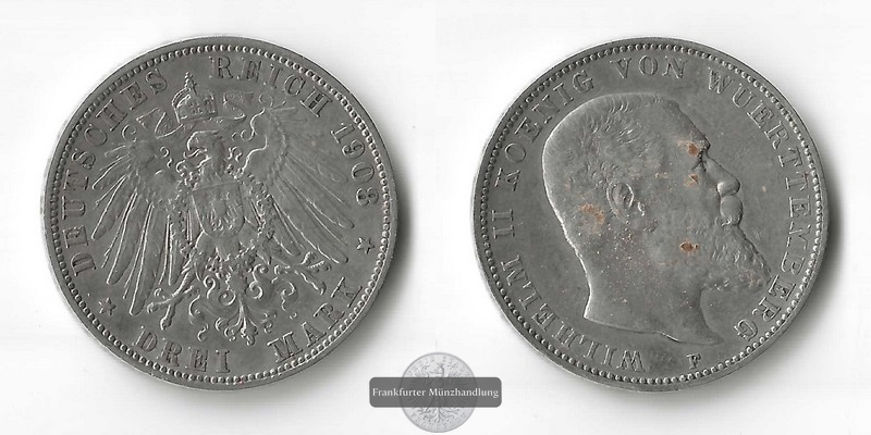  Württemberg, Kaiserreich  3 Mark  1908 F   Wilhelm II. 1891-1918  FM-Frankfurt   Feinsilber: 15g   