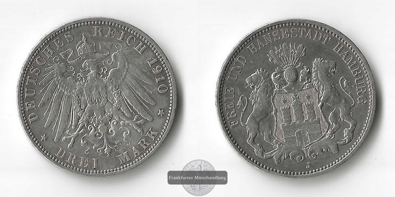  Hamburg, Kaiserreich  3 Mark    1910 J    FM-Frankfurt     Feinsilber: 15g   