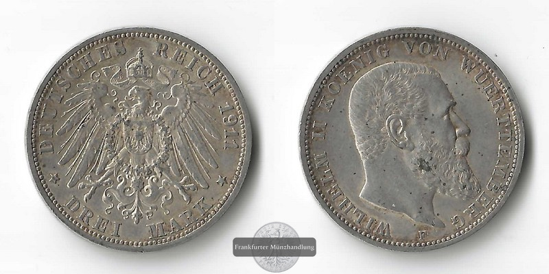  Württemberg, Kaiserreich  3 Mark  1911 F   Wilhelm II. 1891-1918  FM-Frankfurt   Feinsilber: 15g   