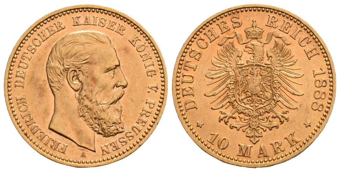 PEUS 5505 Kaiserreich - Preußen 3,58 g Feingold. Friedrich III. (09.03.- 15.06.1888) 10 Mark GOLD 1888 A Kl. Kratzer, Vorzüglich